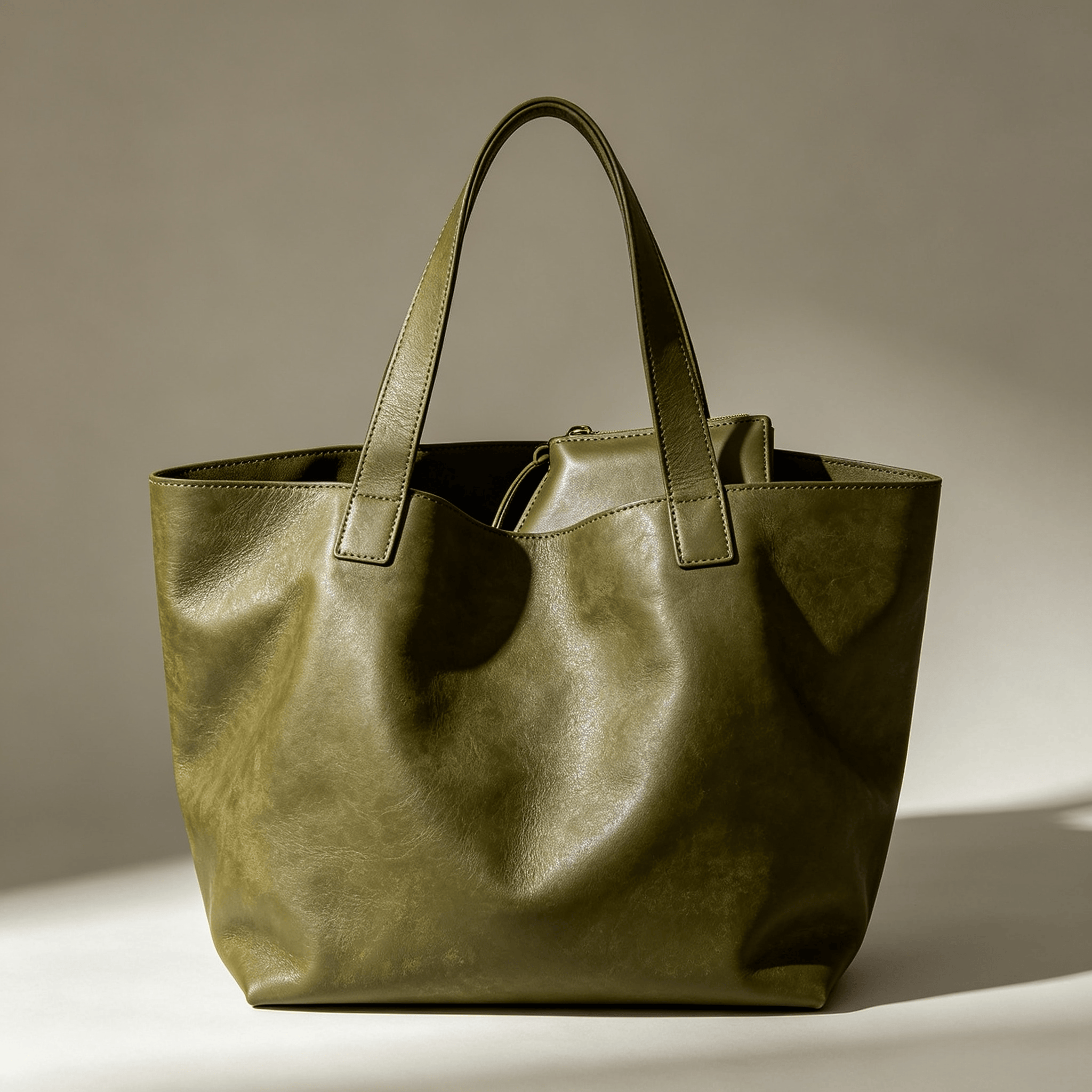 Olive Full Grain Leather Work Tote Bag